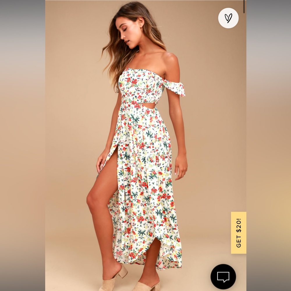 Lulus Lush Easy on the Eyes Cream Floral Print Off-the-Shoulder Maxi Dress
